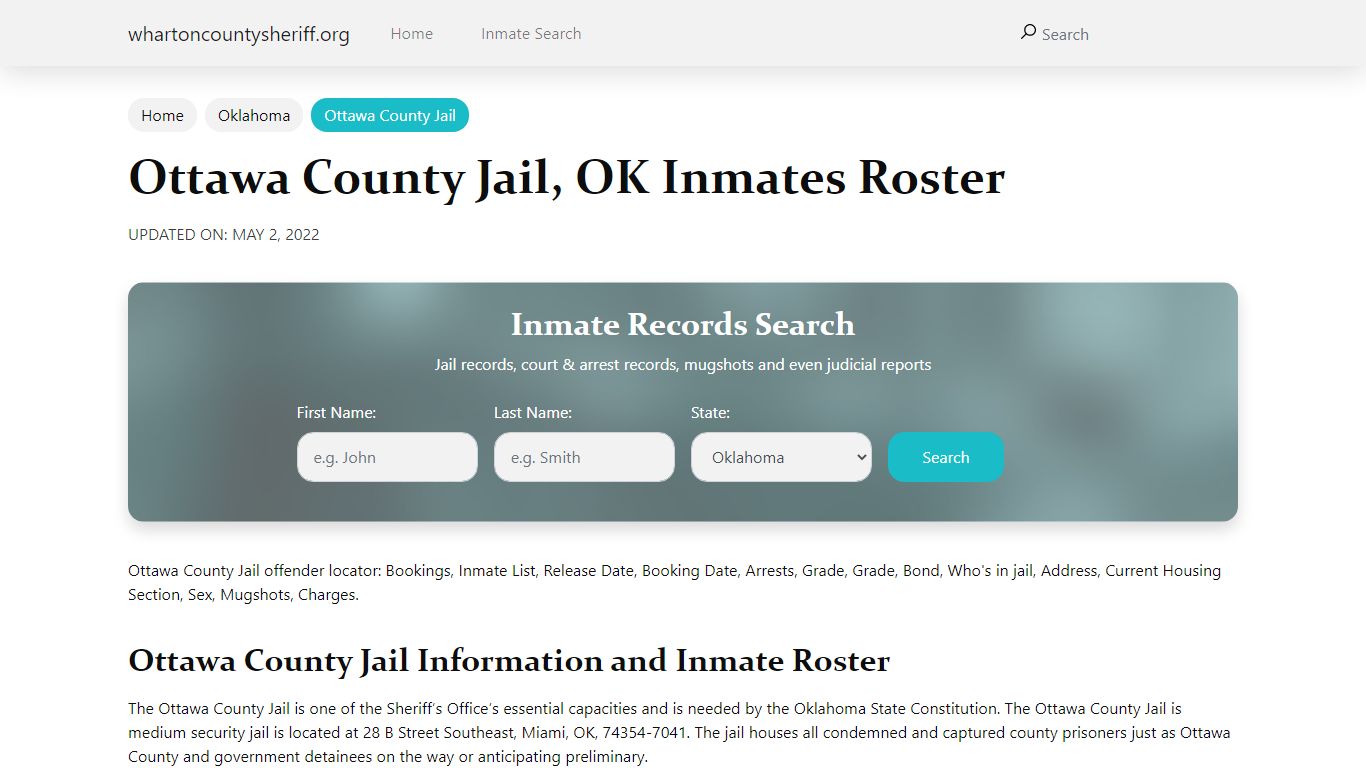 Ottawa County Jail, OK Jail Roster, Name Search